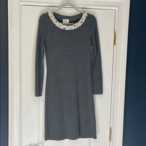Milly Gray Sweater Dress with Pearl Embellished Collar. 38.5” length